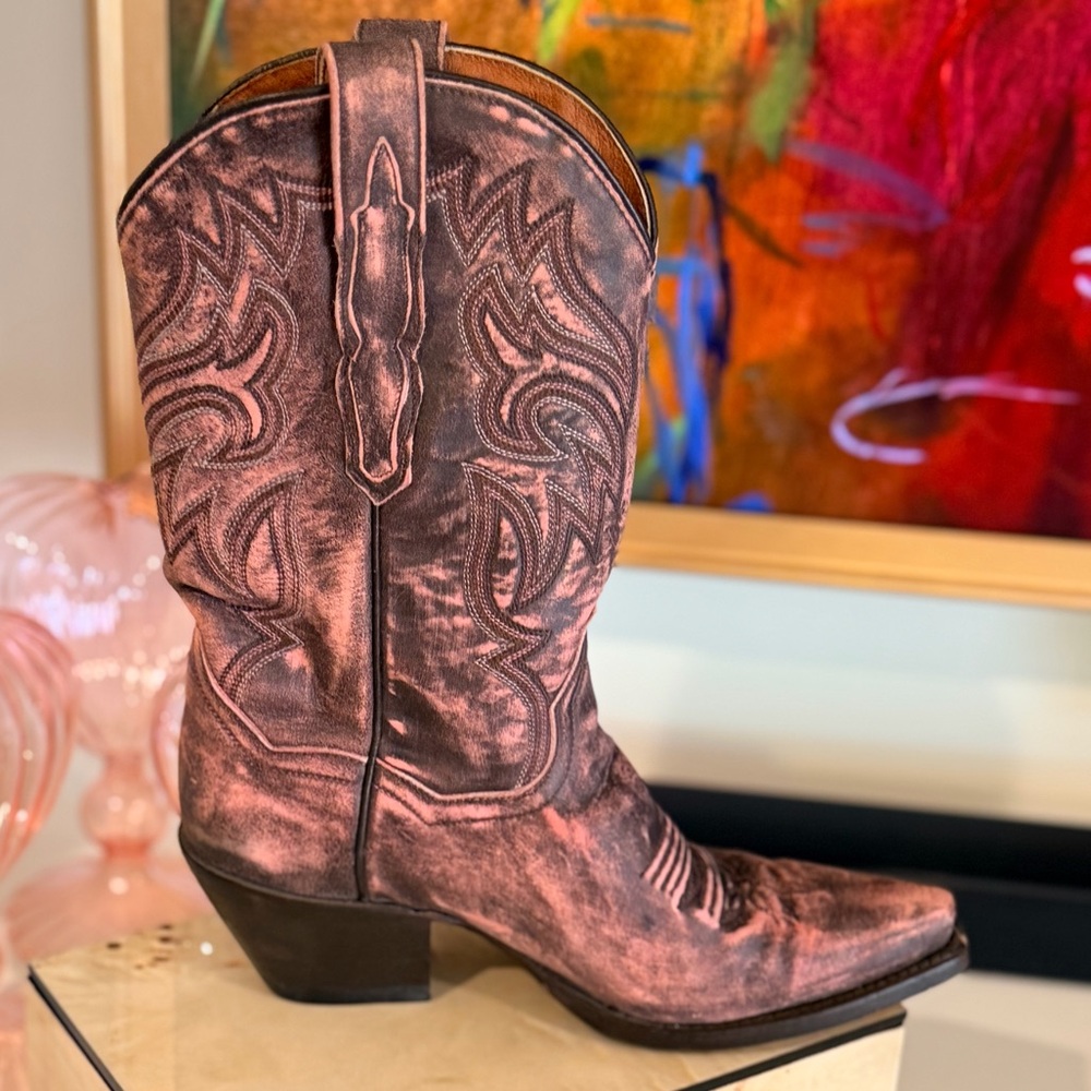 Dan Post Pink Distressed Leather Cowboy Boots Size 6.5 Western Snip Toe - Picture 7 of 12